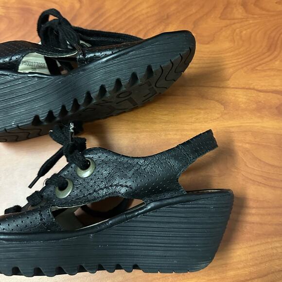 Fly London Ylva Lace Up Wedge Sandals Womens 38 7-7.5 Black Summer Open Toe - Picture 9 of 13